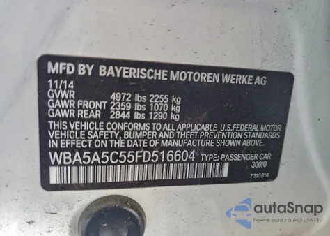 2015 BMW 528 I z USA, uszkodzony, nr VIN WBA5A5C55FD516604